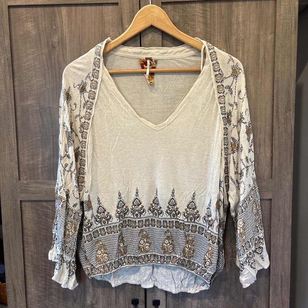 Free People Boho Paisley V-Neck Blouse Cream Linen Blend XS